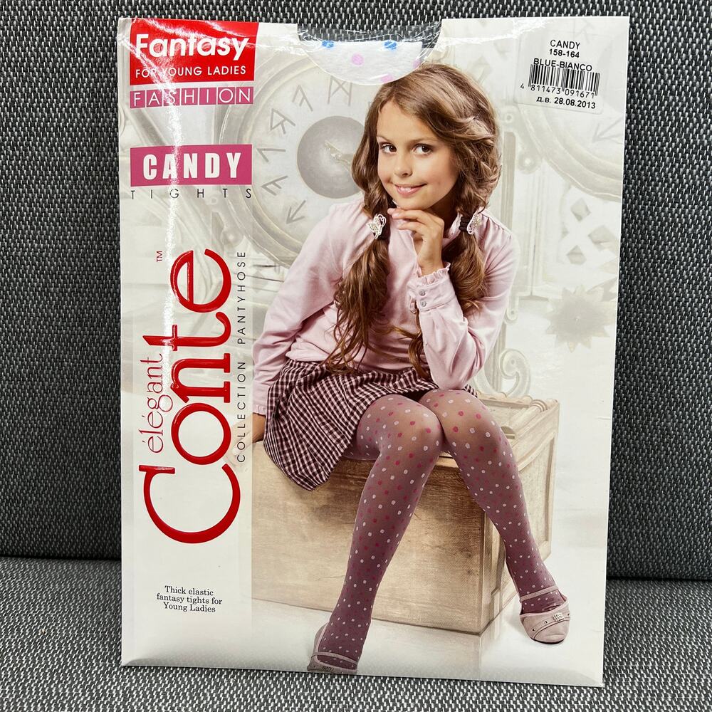 CONTE CANDY Thick Elastic White‎ Polka Dot Tights 50 DEN Girls 10y/o 4'7''-4'9''